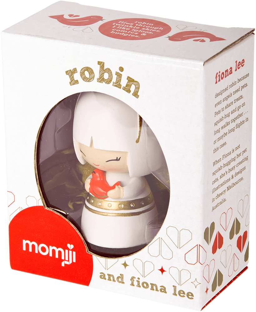 Robin Momiji doll by Fiona Lee, in white and gold, boxed, holding a red heart gift. Kawaii collectible with secret message inside. — Momiji Doll