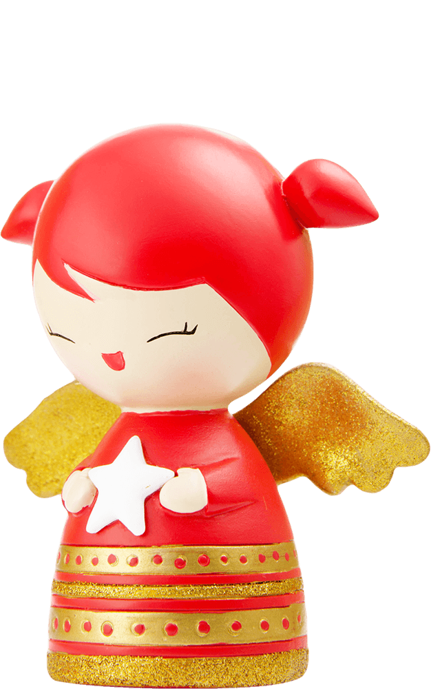 Sparkle Momiji doll: red hair, gold wings, red and gold dress, holding a white star, smiling. — Momiji Doll