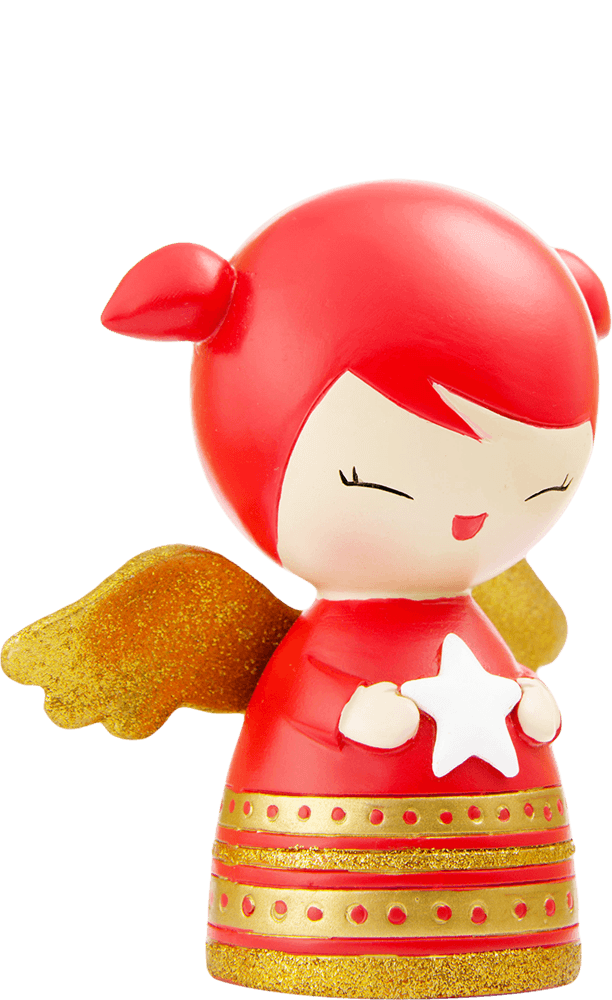 Sparkle Momiji doll with red hair, golden wings, red and gold dress, holding a white star. Kawaii collectible character. — Momiji Doll