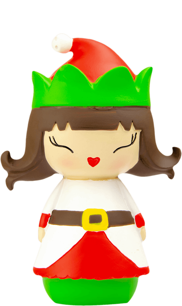 Jingle Momiji doll as a Christmas elf, red and green hat, white dress with red accents, kawaii style collectible character. — Momiji Doll