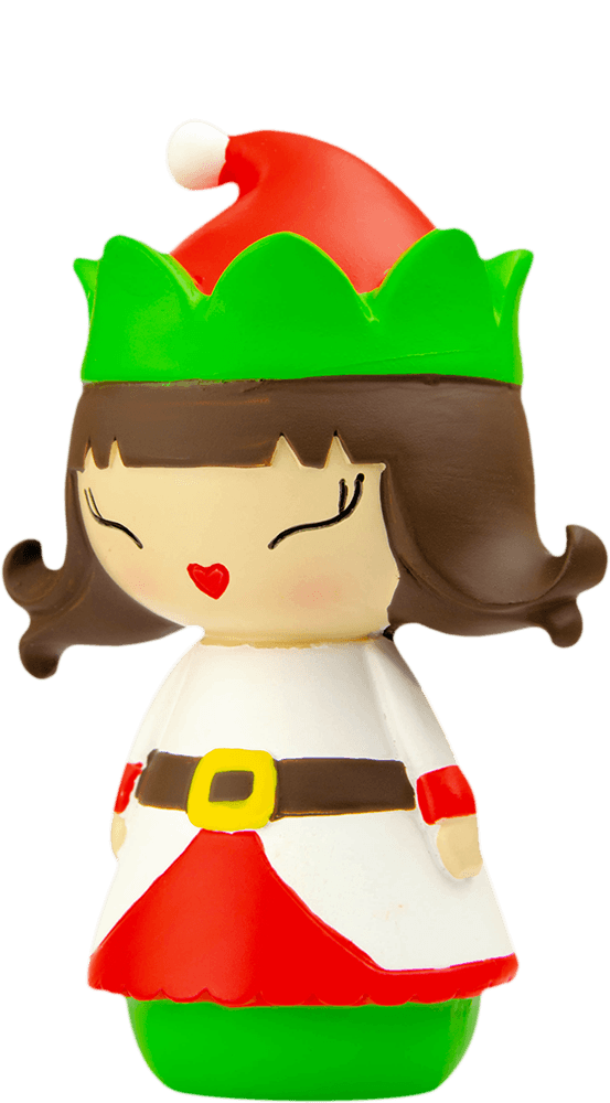 Jingle Momiji doll with brown hair, red and green elf hat, white dress, black belt with yellow buckle; super cute collectible. — Momiji Doll