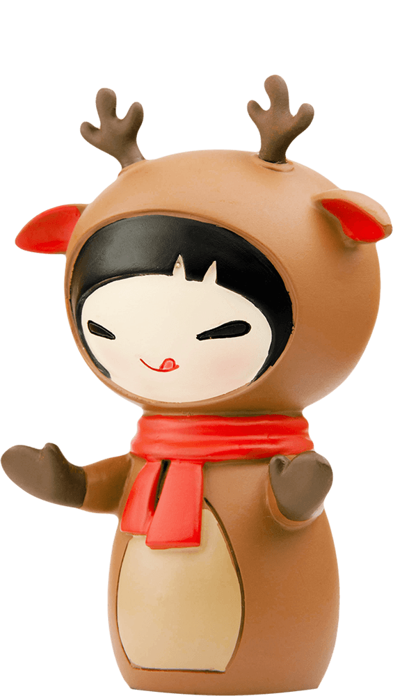 Rudi Momiji doll with reindeer antlers, red scarf, and joyful smile. Kawaii collectible on a plain background. — Momiji Doll