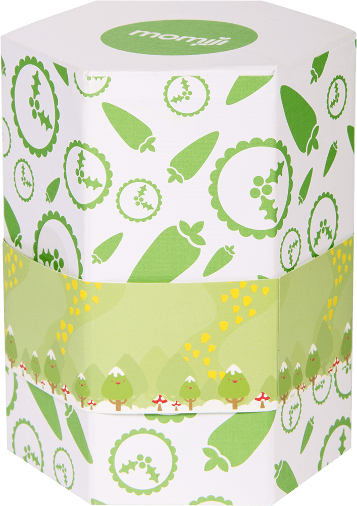 Rudi Momiji doll gift box: green and white hexagon with kawaii carrot and tree motifs, finished with a light green band. — Momiji Doll
