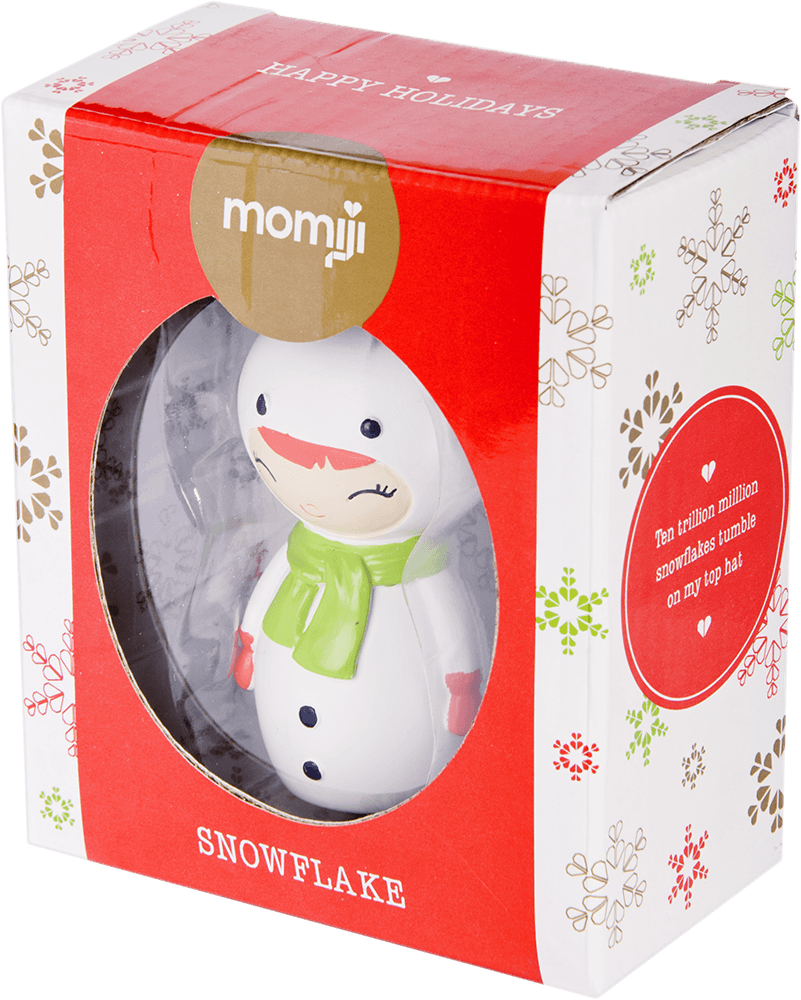 Snowflake Momiji doll in red and white box with snowflakes and "Happy Holidays" on the lid. Collectible kawaii vinyl doll. — Momiji Doll