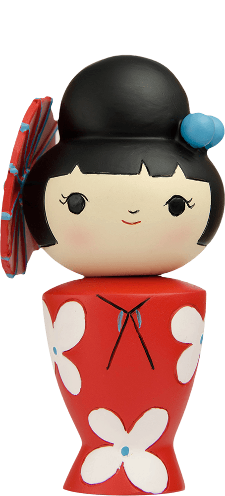 Birthday Girl Momiji doll with black hair, white flowers, a red umbrella, and a blue flower hair accessory. — Momiji Doll