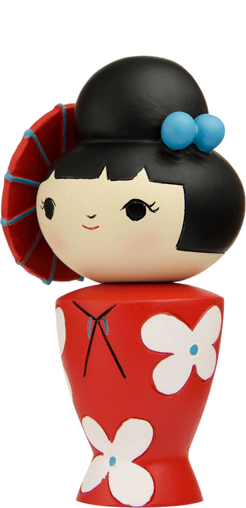 Birthday Girl Momiji doll with black hair, red floral outfit, holding a red umbrella. Collectible with secret message inside. — Momiji Doll