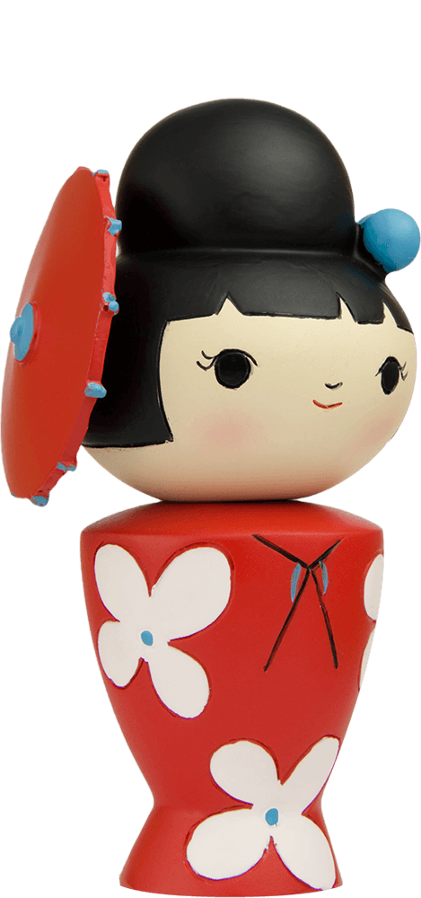 Birthday Girl Momiji doll with black hair, red floral outfit, and secret message slot. Cute collectible design by indie artists. — Momiji Doll