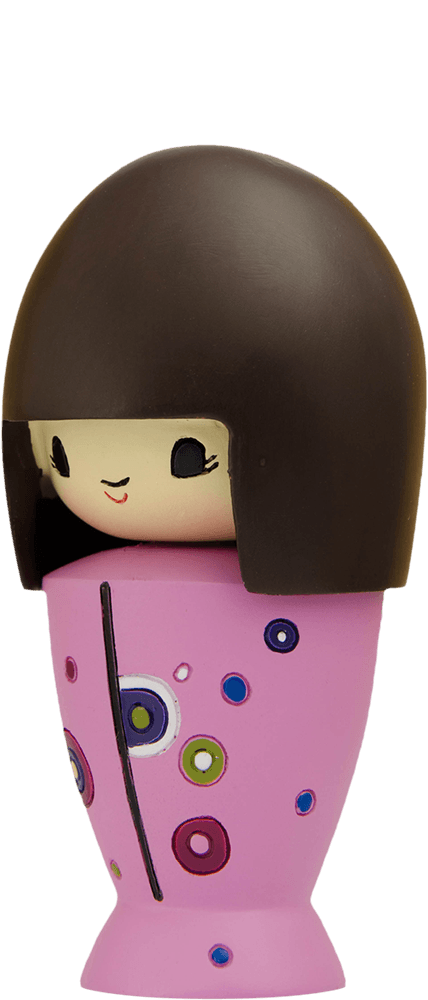The Very Big Birthday Momiji doll has a round brown bob, pink dress, and bright circular patterns. Secret message slot included. — Momiji Doll
