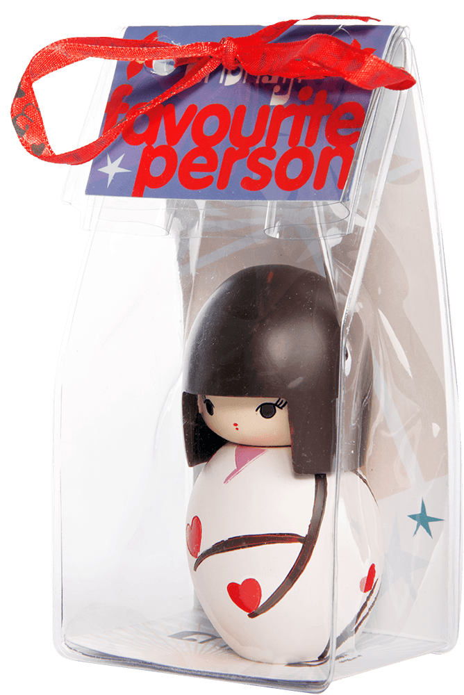 Favourite Person Momiji doll with heart details, in a clear box tied with red ribbon and a special tag. — Momiji Doll