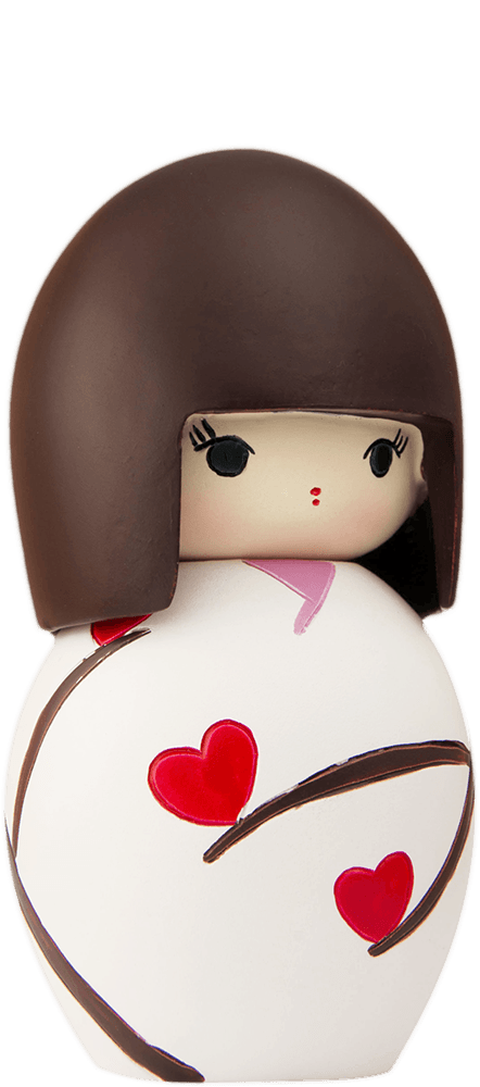 Favourite Person Momiji doll with brown bob, white body, and red heart branches painted on its front. — Momiji Doll