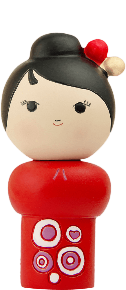 The Best Friends Momiji doll has black hair, red accents, and round patterns on the lower half. Secret message slot included. — Momiji Doll