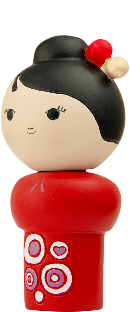 Best Friends Momiji doll with black hair in a bun, red dress with white circles, and a red hair accessory. — Momiji Doll