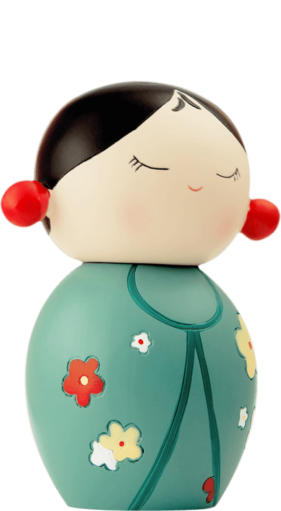Momiji doll "Thank You" with black hair in red buns, wearing a teal dress with flower pattern. Secret message inside. — Momiji Doll