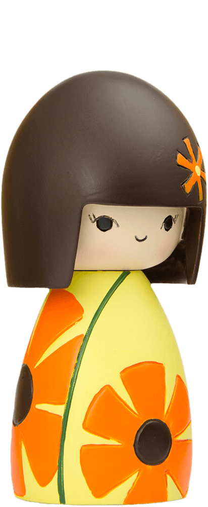 Sister Momiji doll with brown bob, yellow dress, orange flower details; a cute collectible with secret message inside. — Momiji Doll