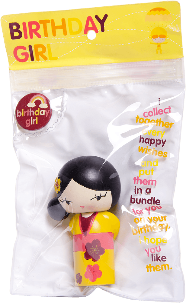 Momiji doll "Birthday Girl" in clear box, pastel outfit and birthday hat, with secret message—cute collectible gift. — Momiji Doll