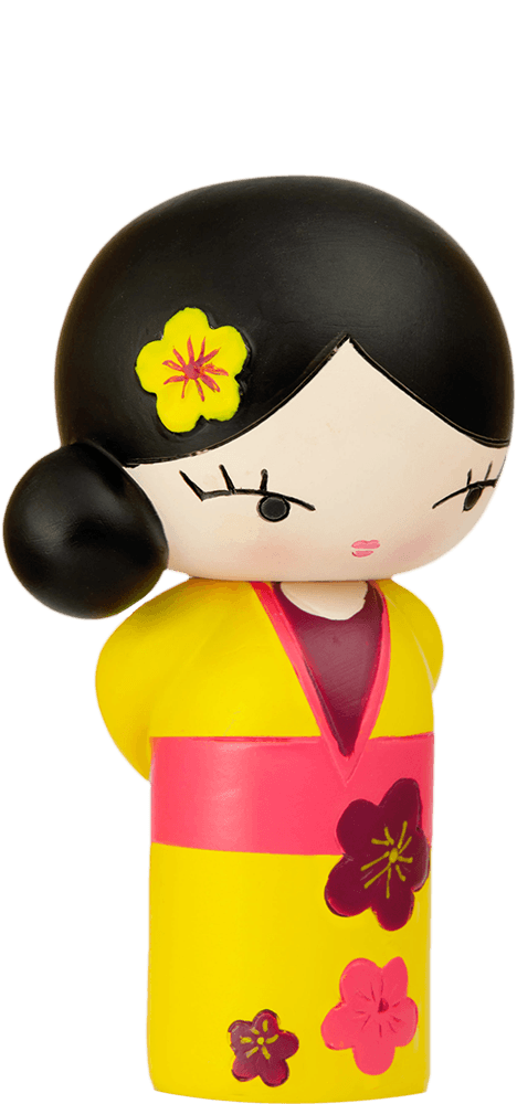 Birthday Girl Momiji doll with black hair, pink flowers, a cute dress, and space inside for a secret message. Collectible character. — Momiji Doll