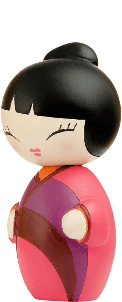 Favourite Person 2 Momiji doll with a black bun, pink lips, and a cute pink and purple outfit. — Momiji Doll