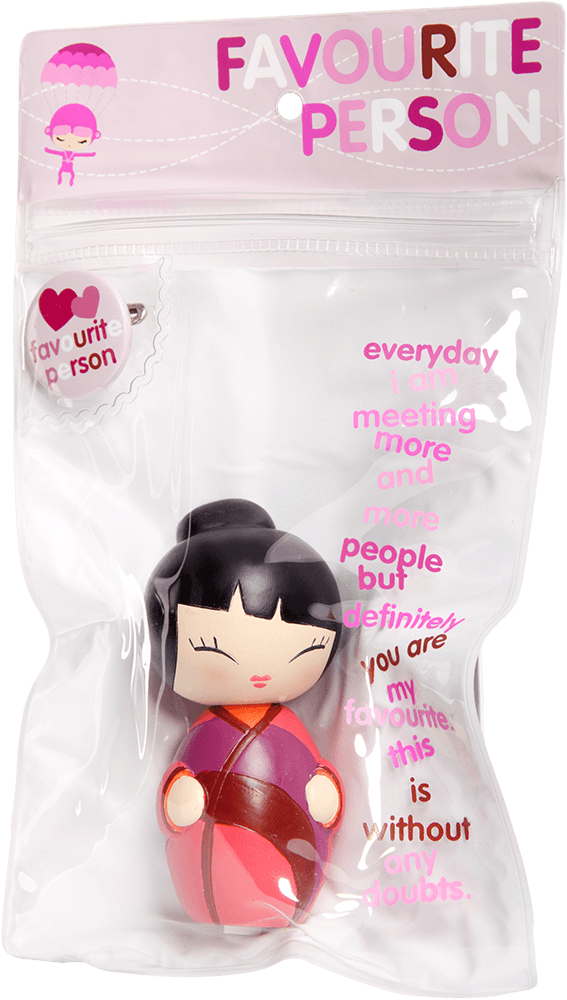 Momiji doll named Favourite Person 2 with black hair, in a bag with pink and purple text detailing the character name. — Momiji Doll