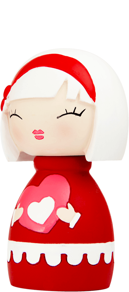 Sister Momiji doll with white hair, red dress and headband, holding a pink heart with a white heart at its center. — Momiji Doll