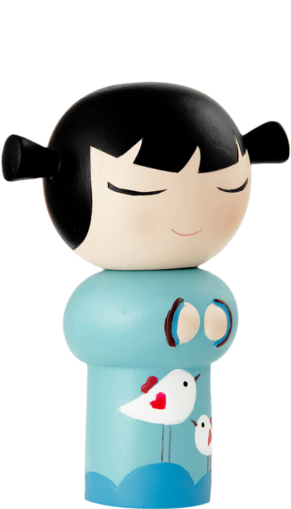 Best Friends Momiji doll with black hair, closed eyes, blue dress, and white bird designs on the front. — Momiji Doll