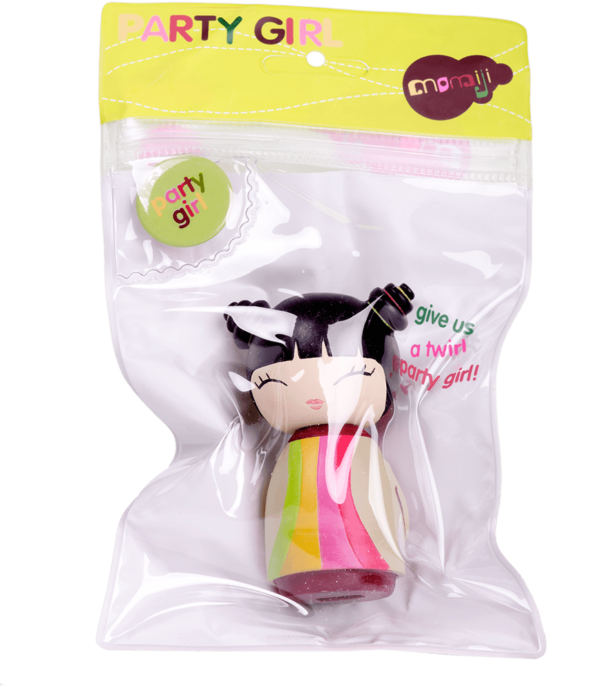Party Girl Momiji doll with black hair in a bun, packaged in a clear, colorful gift bag—includes hidden message inside. — Momiji Doll