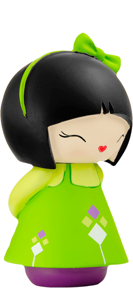 BFF Momiji doll with short black hair, a green bow, and a green dress featuring colorful geometric patterns. — Momiji Doll