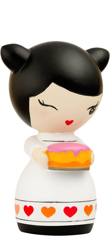 Happy Birthday Momiji doll with black hair, white dress with hearts, holding a cake topped with pink icing. — Momiji Doll