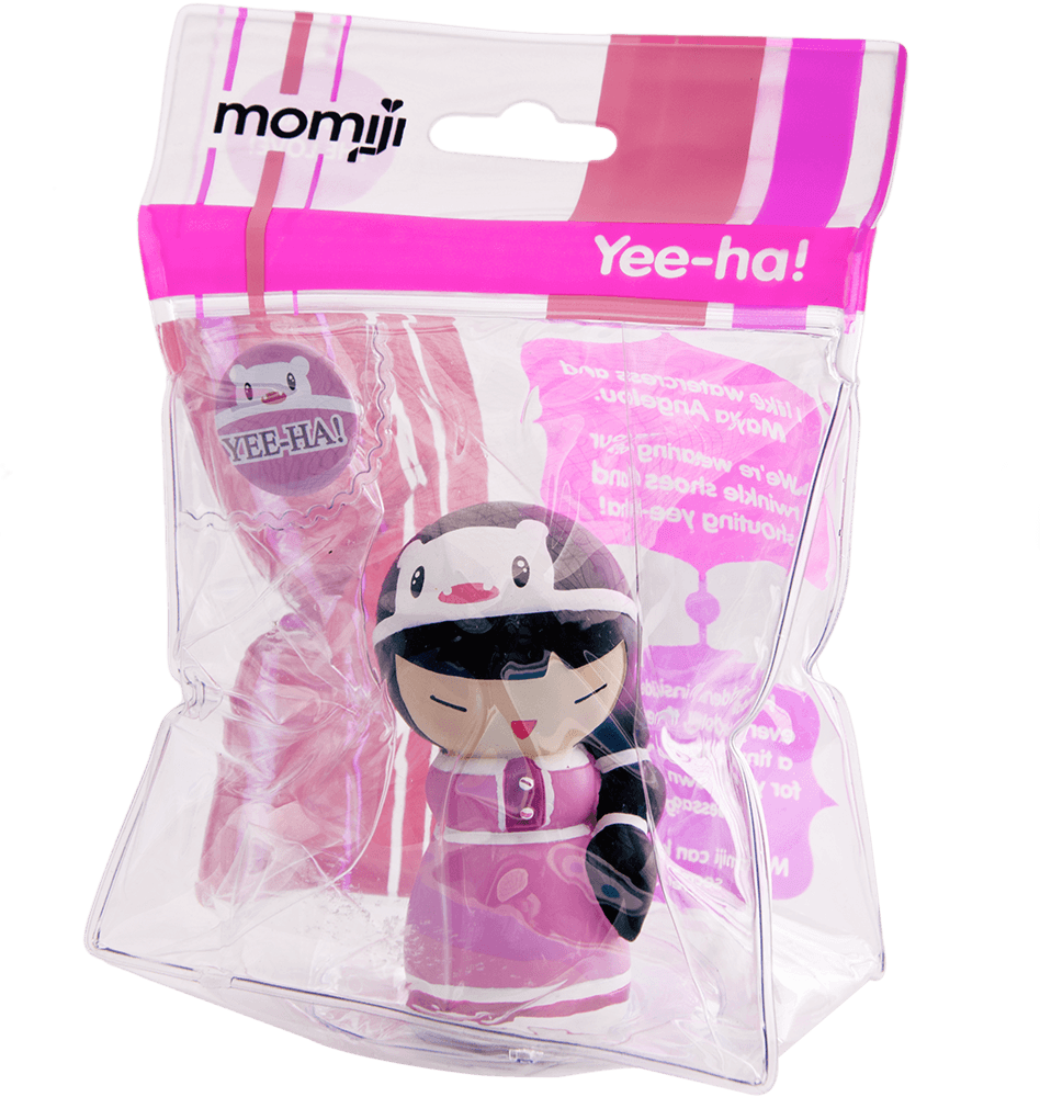 Yee Ha! Momiji doll in a penguin hat, inside a clear bag with pink stripes. Kawaii collectible with hidden message. — Momiji Doll