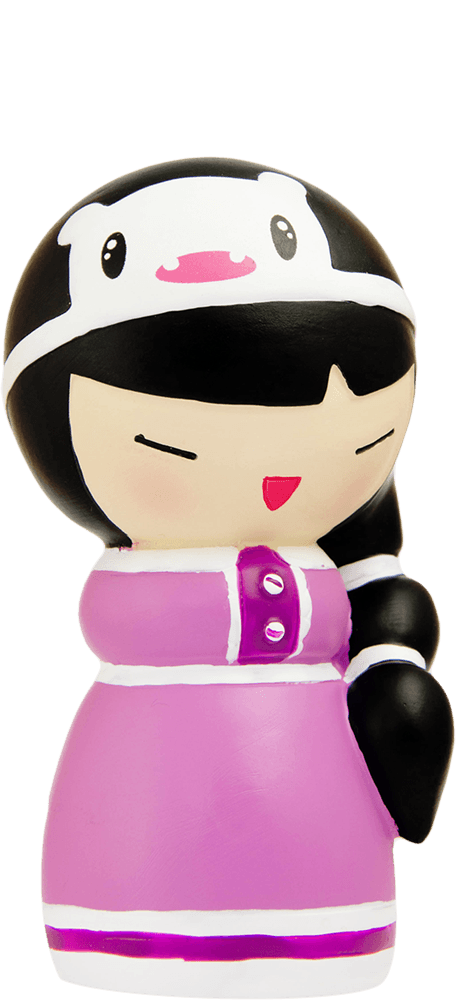 The Yee Ha! Momiji doll has black hair, a pink dress, a white animal hat, and smiles with closed eyes. — Momiji Doll