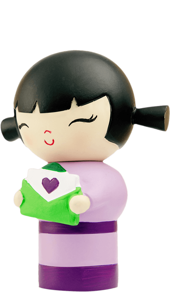 Best Friends Momiji doll with short black hair, purple outfit, holding a green envelope; collectible with hidden message. — Momiji Doll
