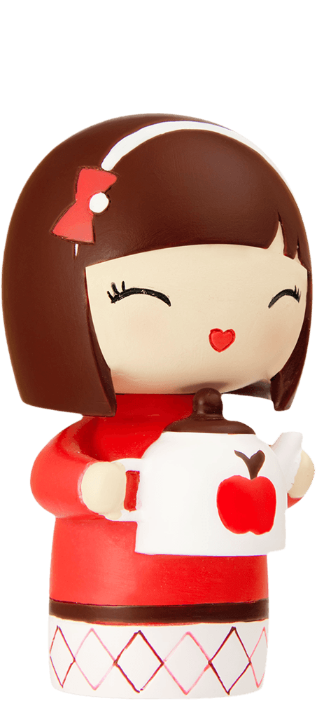 Sister Momiji doll with brown hair, red bow, red dress, and apple teapot. Kawaii collectible with secret message inside. — Momiji Doll