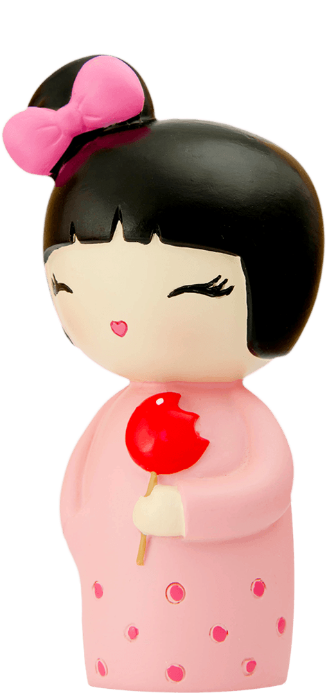 Birthday Girl Momiji doll with black hair, pink bow, pink dress, and a bitten red lollipop—secret message inside. — Momiji Doll