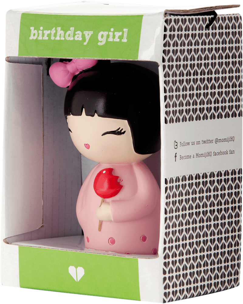 Momiji doll "Birthday Girl": pink dress, red balloon in hand, boxed with "Birthday Girl" label. Kawaii collectible character. — Momiji Doll