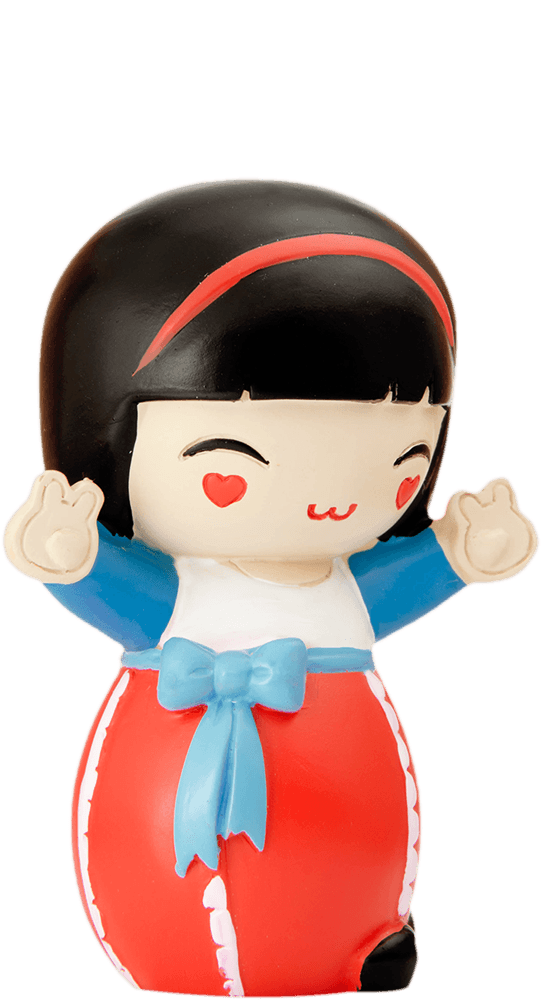 Lucky Momiji doll with black hair, red headband, and blue dress smiles while making peace signs; a hidden message inside. — Momiji Doll