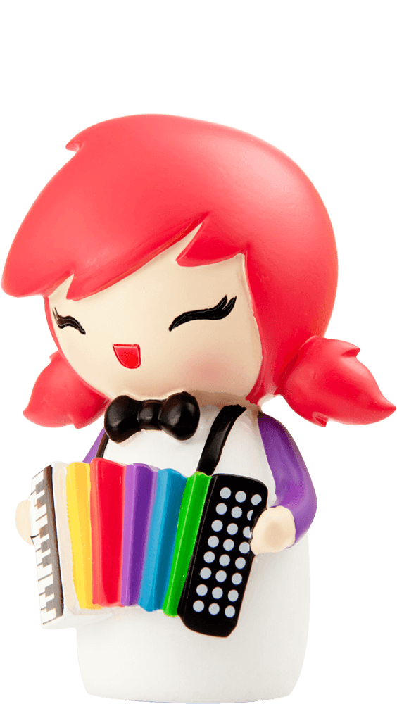 Party Girl Momiji doll with red hair, black bow tie, purple sleeves, and a rainbow accordion smiling happily. — Momiji Doll