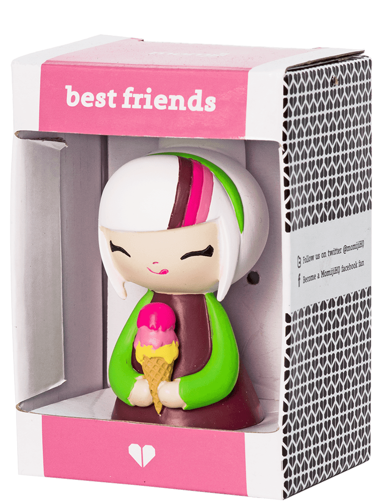 Momiji doll with white hair holding an ice cream cone, displayed in a Best Friends box featuring a heart symbol. — Momiji Doll