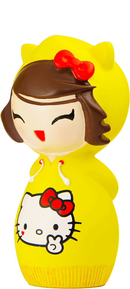 Momiji doll named Chihiro wears a yellow cat-ear hoodie with Hello Kitty’s face and red bow, ultra kawaii details throughout. — Momiji Doll