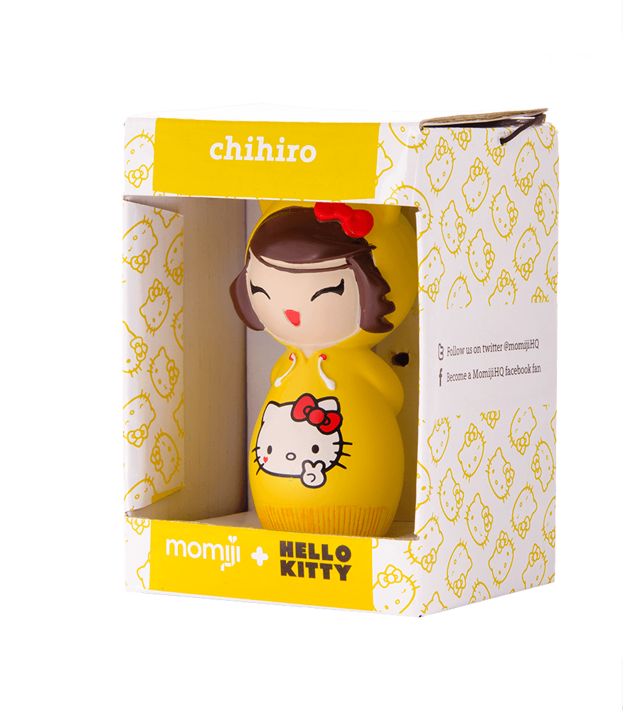 Chihiro Momiji doll x Hello Kitty with a red bow, in a white and yellow Hello Kitty gift box. — Momiji Doll