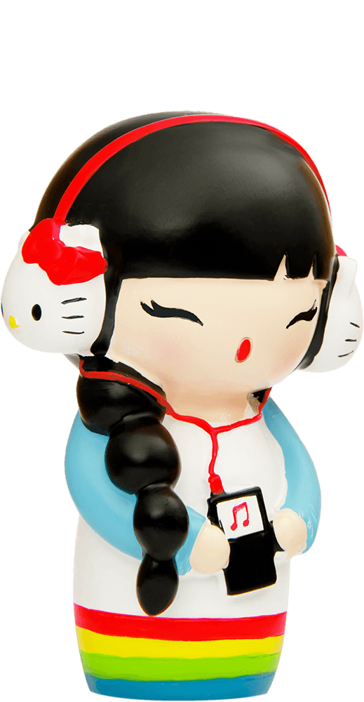 Gigi Momiji doll with braided hair, Hello Kitty headphones, and a rainbow-striped outfit; secret message slot inside. — Momiji Doll