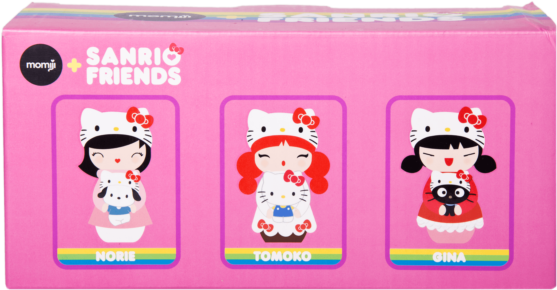 Momiji dolls Norie, Tomoko & Gina with Hello Kitty details in a pink Momiji Friends box, smiling and vibrant. — Momiji Doll