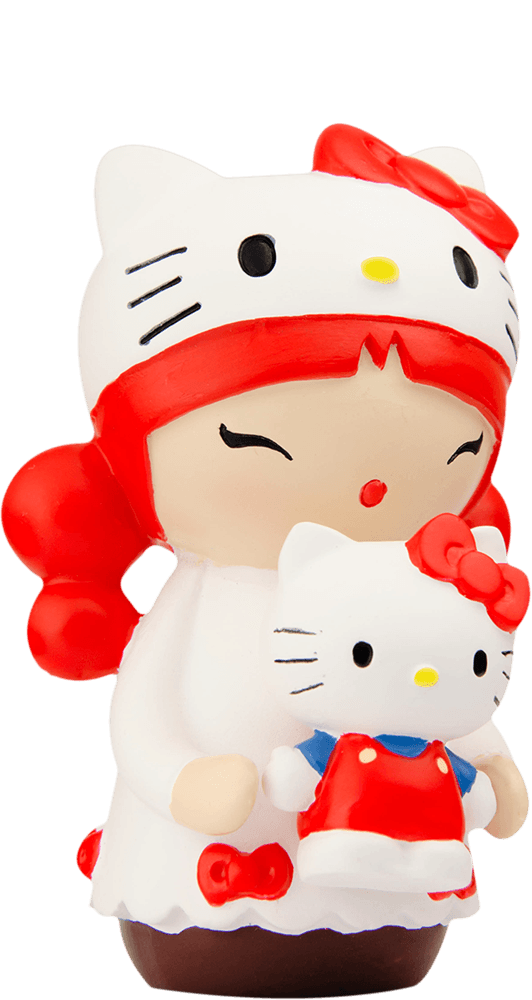 Momiji doll from the Hello Kitty Anniversary Trio wears a red and white Hello Kitty costume, holding a matching mini doll. — Momiji Doll