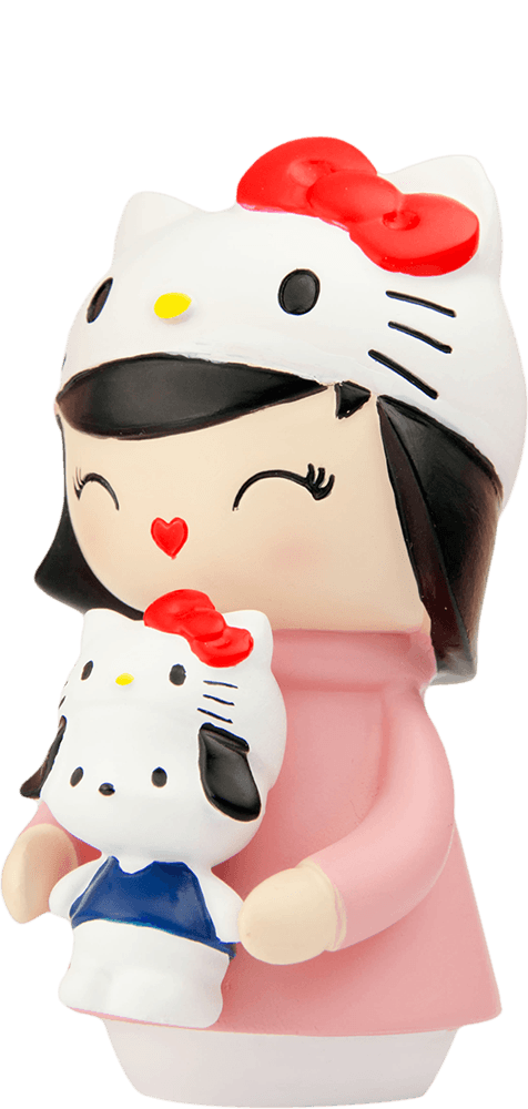 Momiji x Hello Kitty Anniversary Trio Momiji doll in a pink dress with Hello Kitty detail, collectible with hidden message. — Momiji Doll
