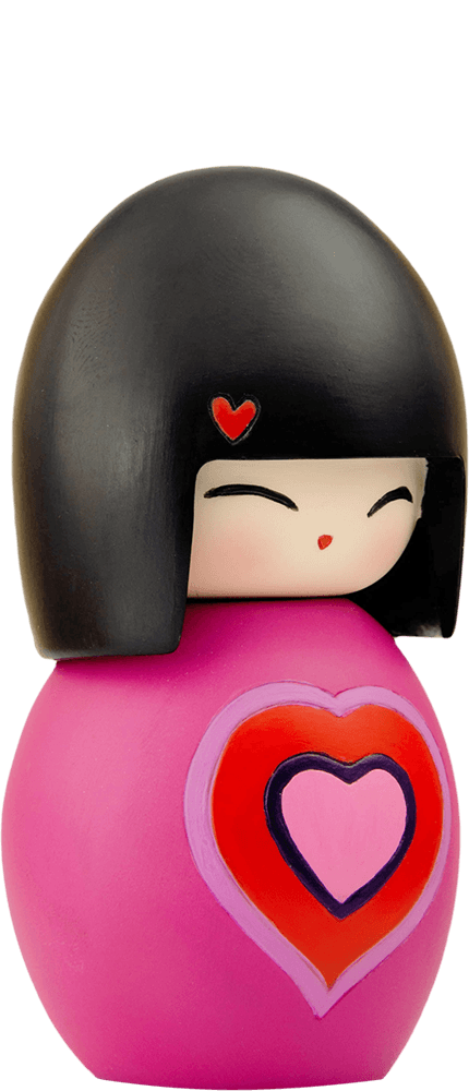 Valentine JLP Momiji doll: pink, round, black hair, closed eyes, heart design on body, red heart accent on its head. — Momiji Doll