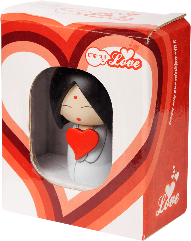 Love Momiji doll holding a red heart in a heart-print box; "Love" and hearts decorate the packaging. Secret message slot inside. — Momiji Doll