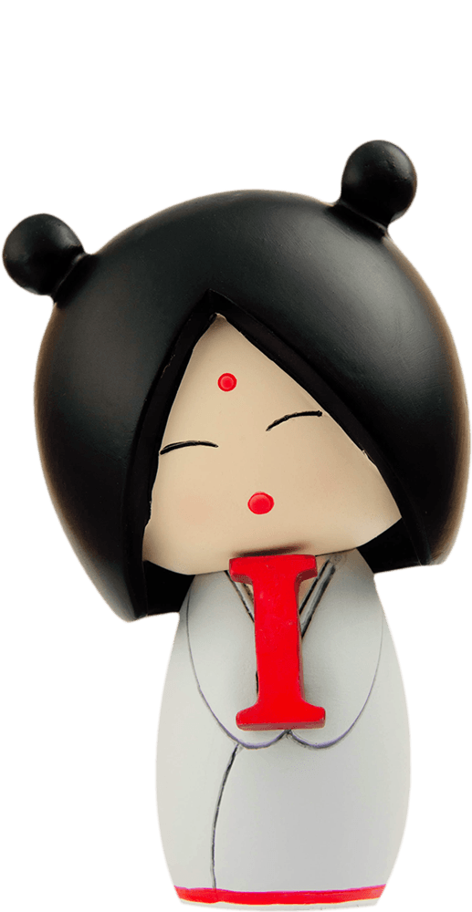I heart U Momiji doll with black hair, red accents, and bold red letter I. Includes hidden message compartment for collectors. — Momiji Doll