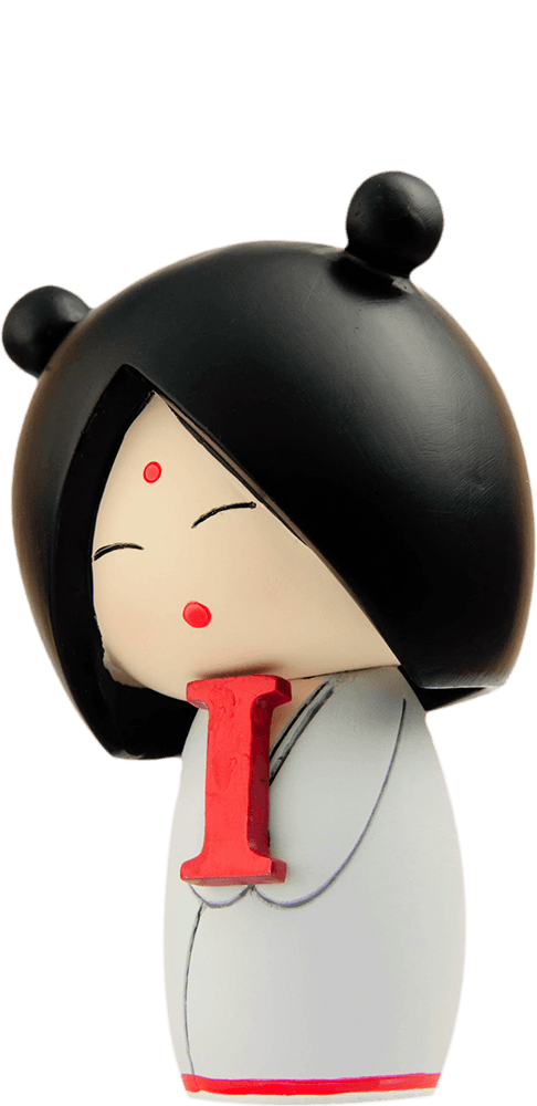 I heart U Momiji doll with black hair, red face dots, white outfit, holding a red letter I; perfect for gifting and collecting. — Momiji Doll