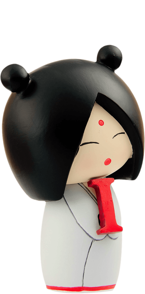 I heart U" Momiji doll: black hair, white outfit with red accents, closed eyes, holding a red heart; kawaii collectible character. — Momiji Doll