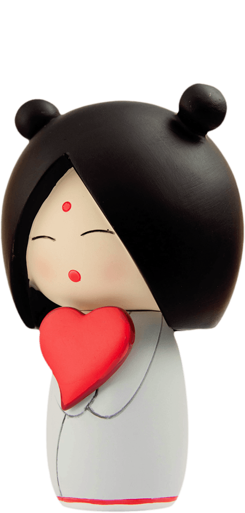 I heart U Momiji doll with black hair, white outfit, red heart, shy blushing smile; cute collectible hiding a secret message. — Momiji Doll