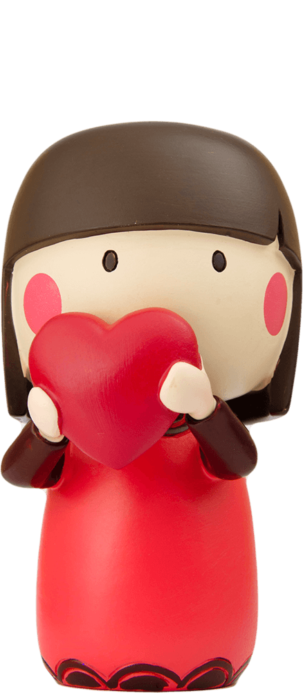 Lillan Momiji doll with a cute bob haircut, red dress, and holding a red heart in front of its face. — Momiji Doll