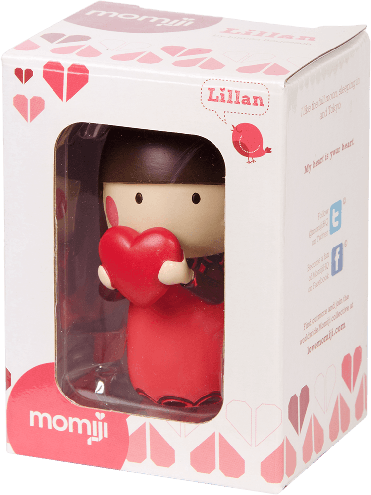 Lillan is a kawaii Momiji doll holding a red heart, with heart and gift motifs on the pink and white collectible packaging. — Momiji Doll